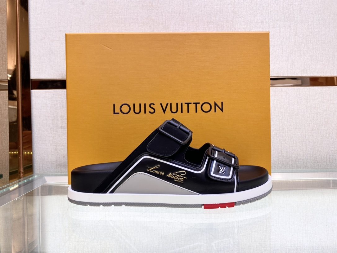 Louis Vuitton Black Two-Strap Slide Sandals — side