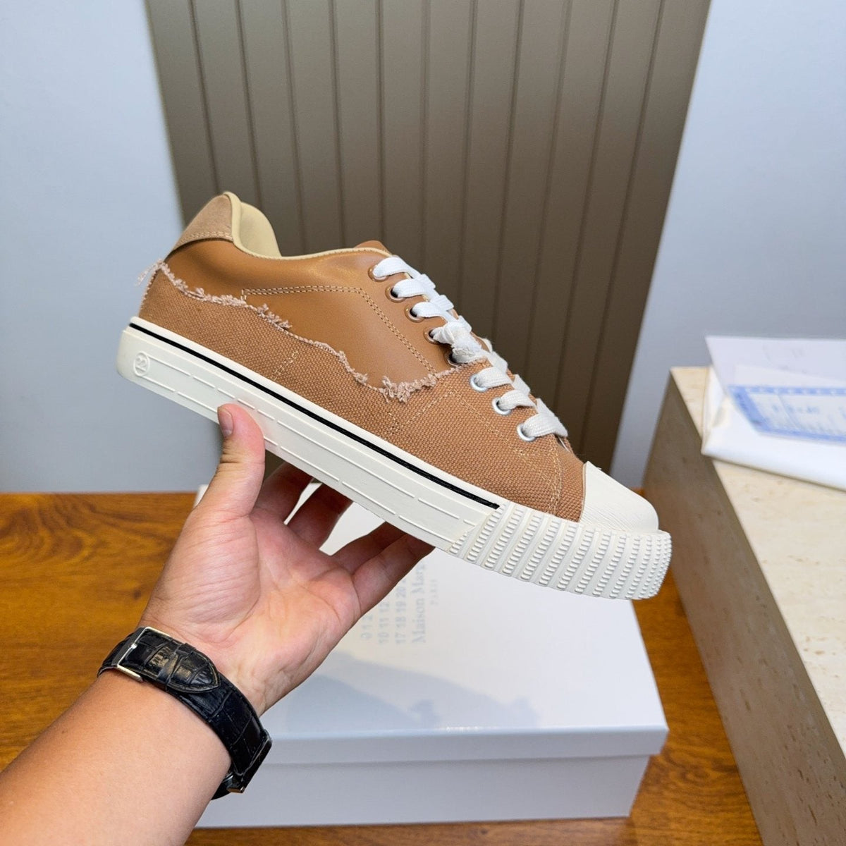 Maison Margiela Brown Off-White Low-Top Sneakers — side