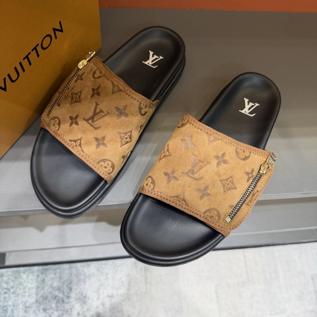 Louis Vuitton Tan Monogram Slide Sandals — front
