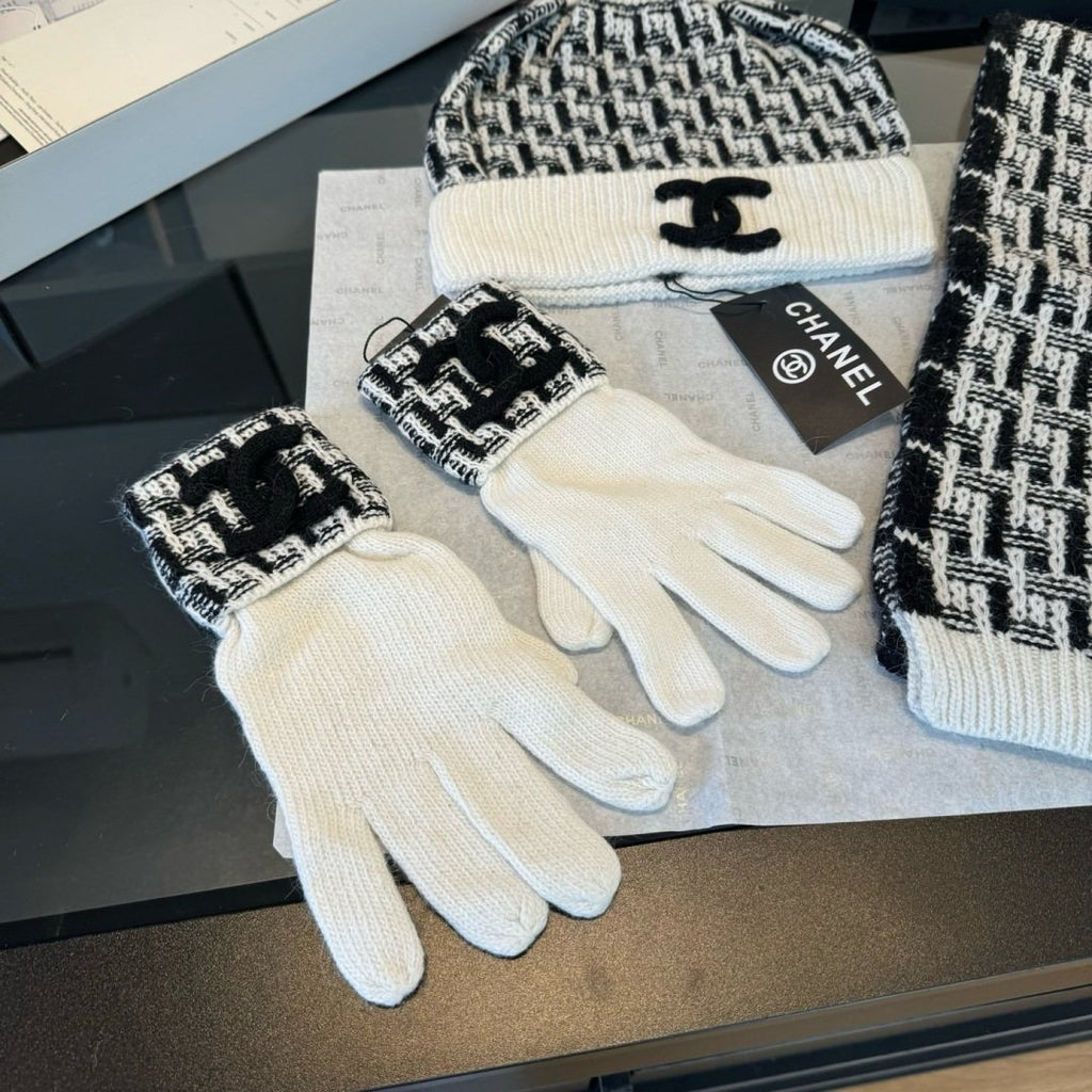 Chanel Black and Ivory Knit Accessory Set — front