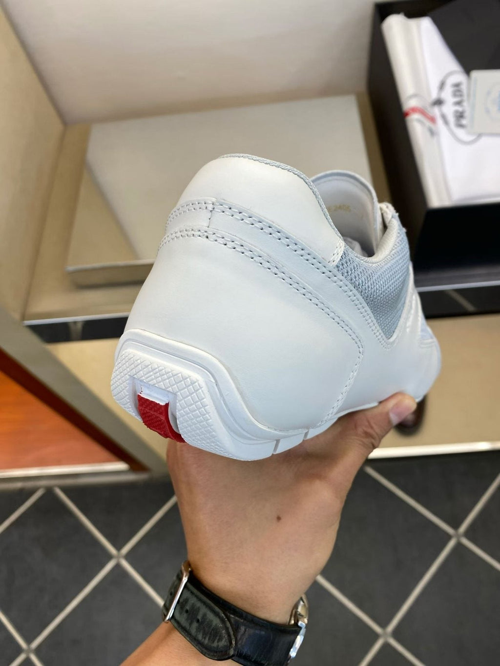 Prada White and Light Gray Low-Top Sneakers — back