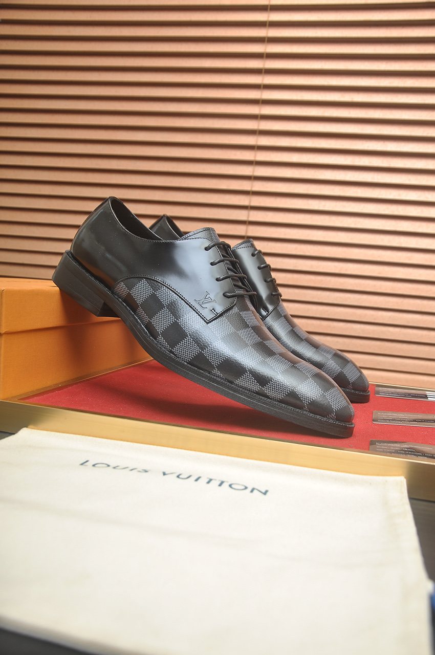 Louis Vuitton Black & Gray Checkerboard Lace-Up Dress Shoes — side