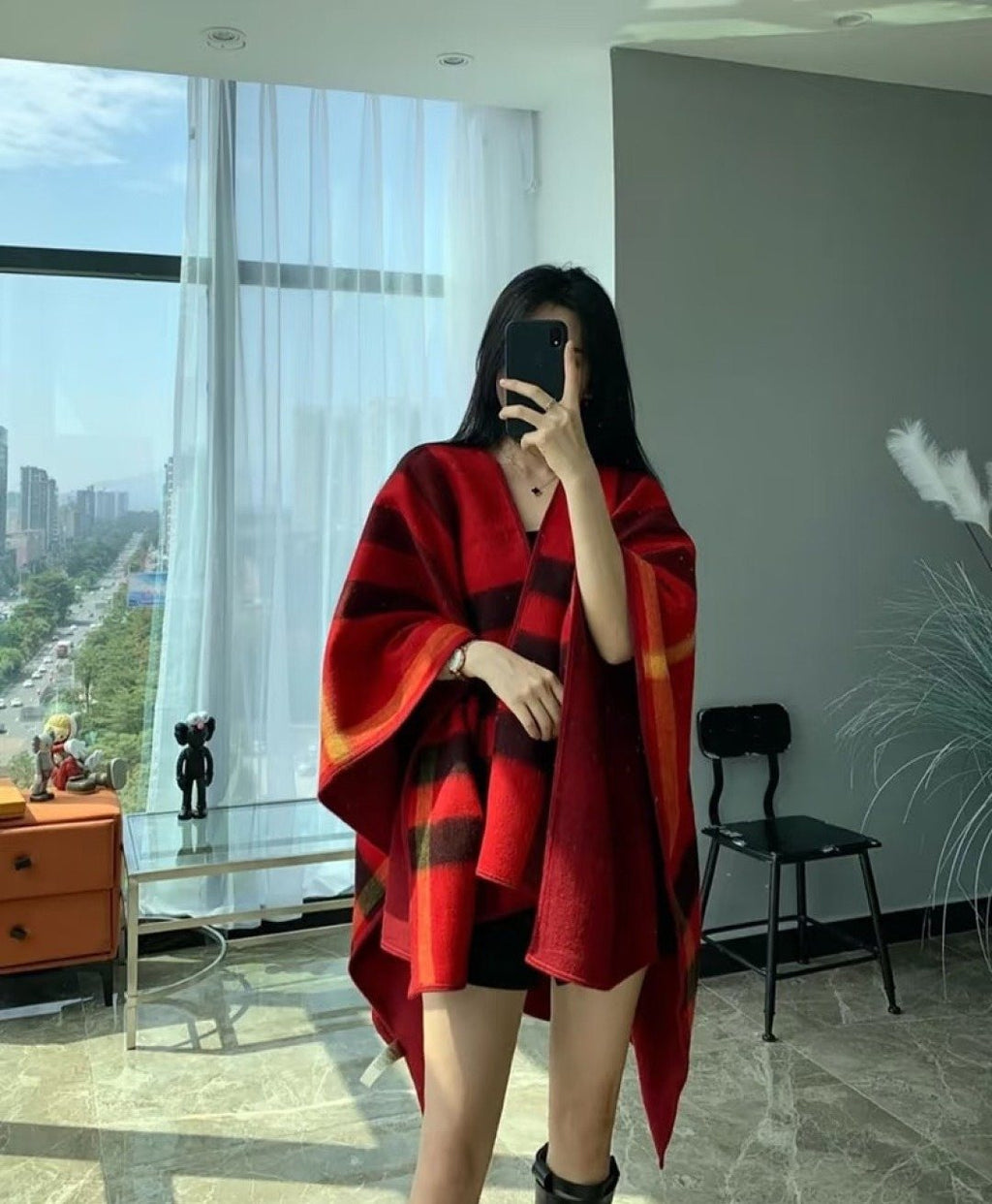 Burberry Reversible Plaid Cape Wrap — model