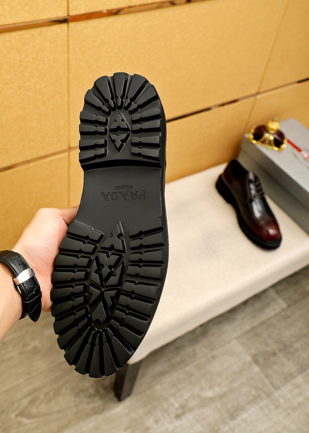 Prada Brogue Lug-Sole Derby Shoes — detail