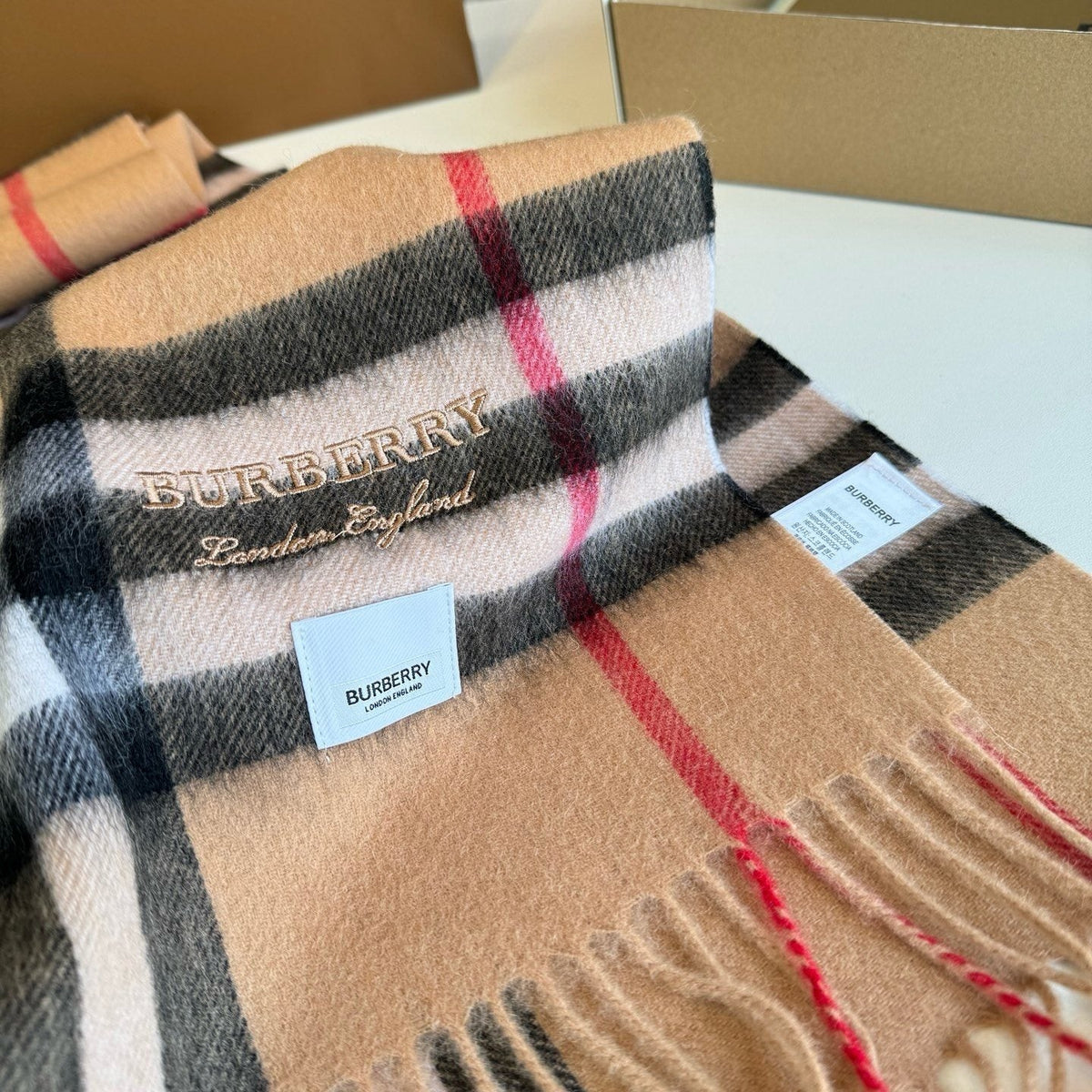 Burberry Blush Pink Plaid Fringed Scarf — detail