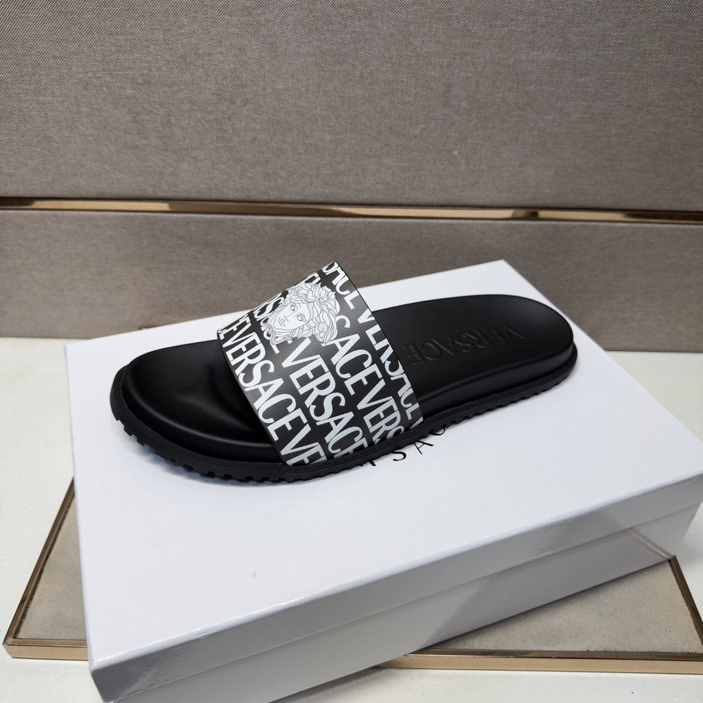 Versace Logo Print Slide Sandals — front