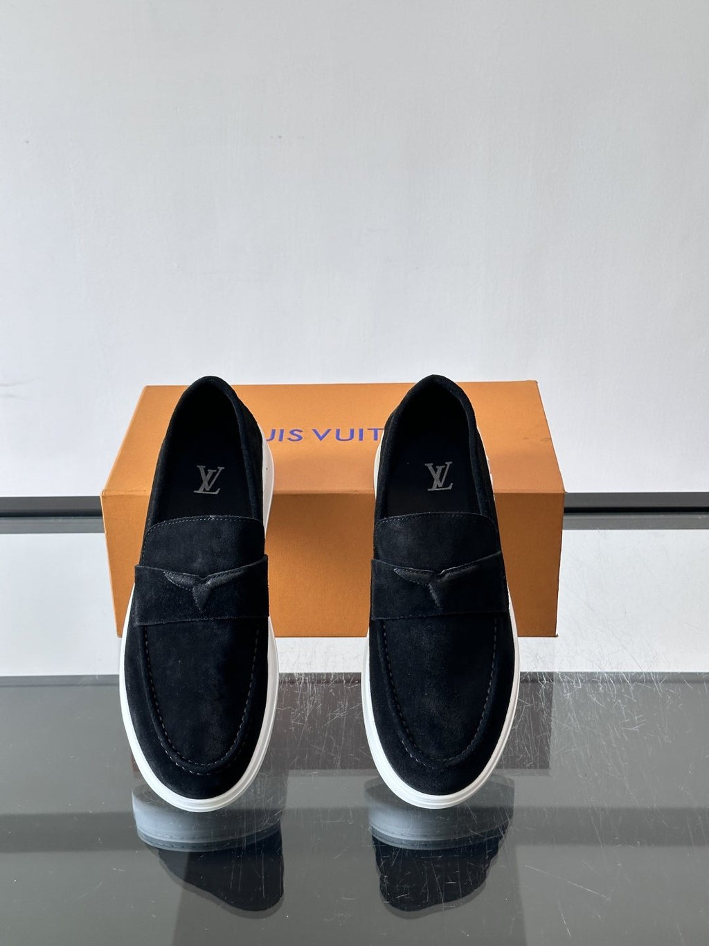 Louis Vuitton Navy Blue Suede Loafers — front