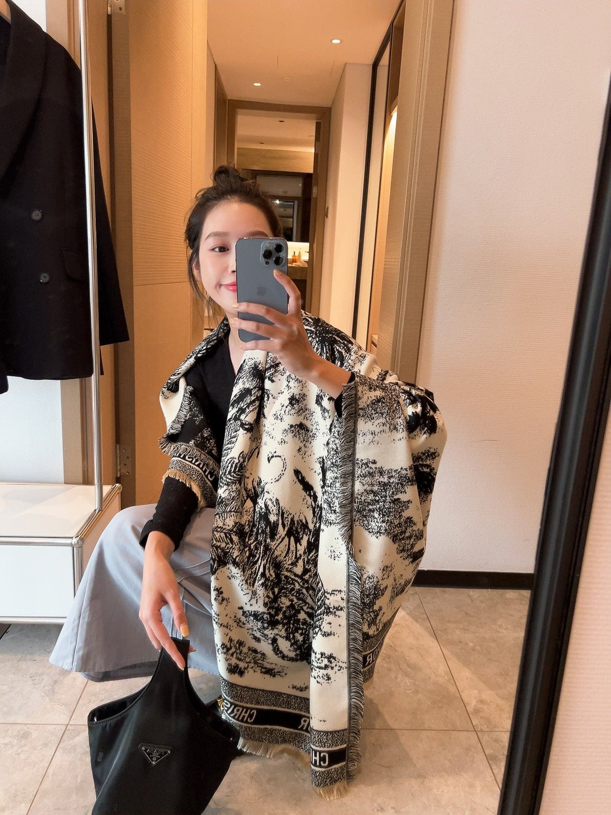 Dior Botanical Print Square Scarf — model