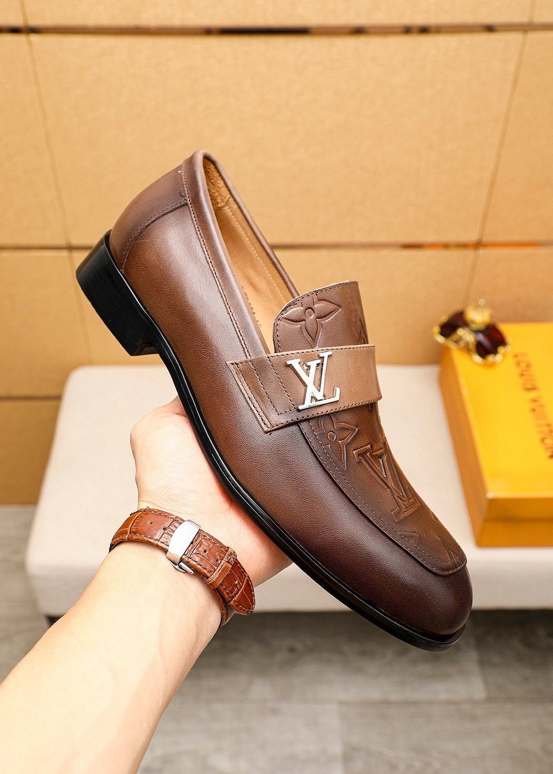 Louis Vuitton Embossed Leather Loafers — model