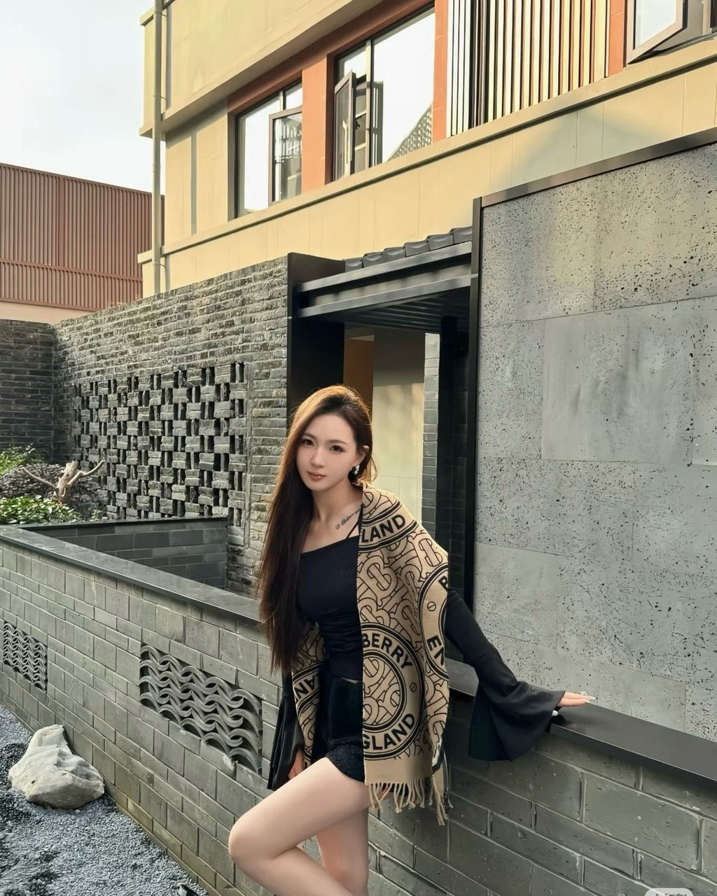 Burberry Reversible Check Fringe Scarf — model