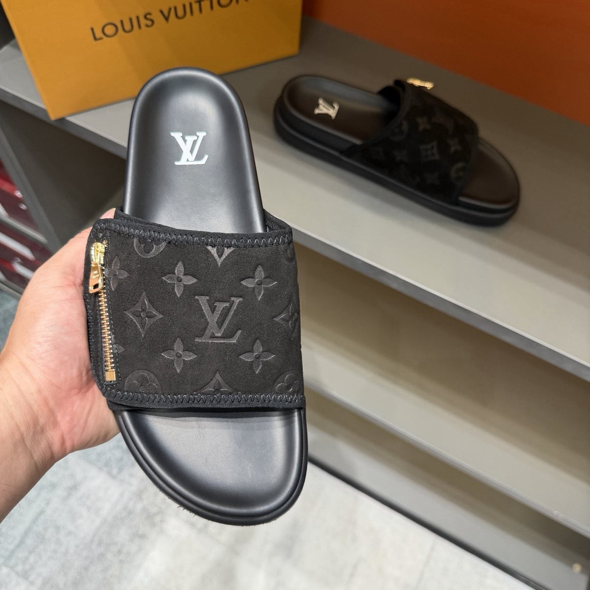 Louis Vuitton Black Monogram Strap Slide Sandals — model