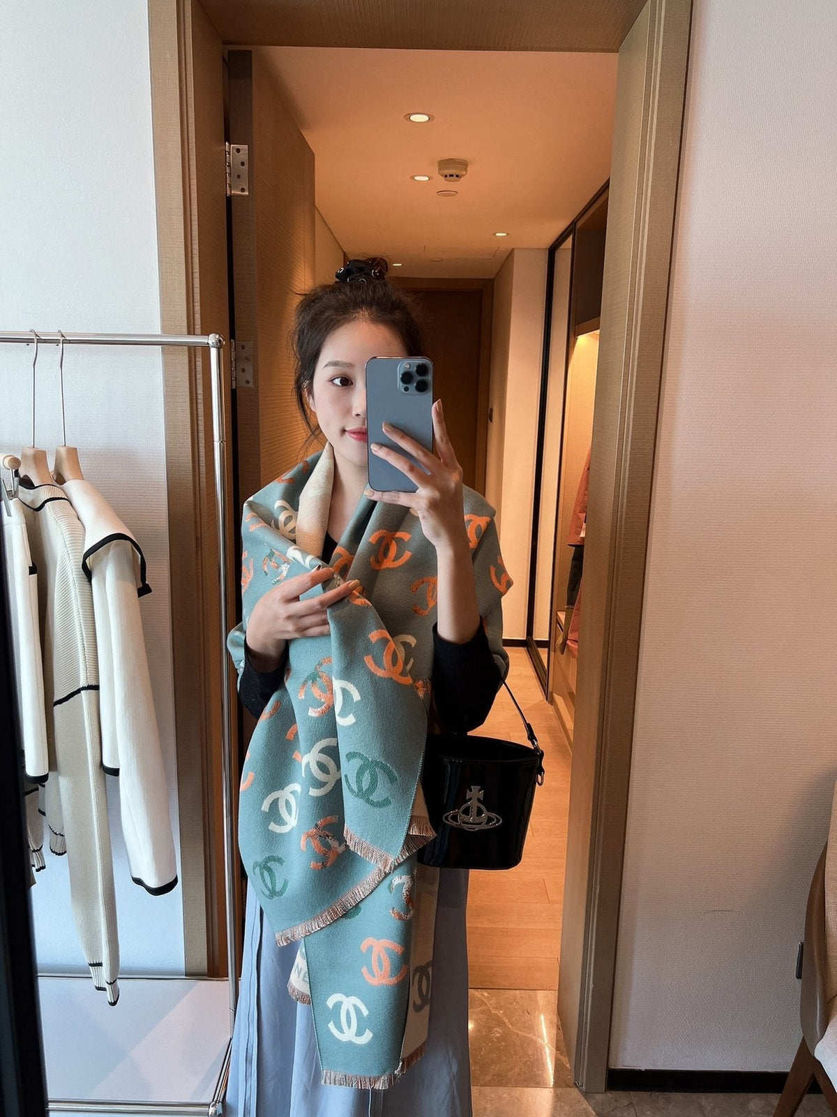 Chanel Patterned Fringed Scarf — model